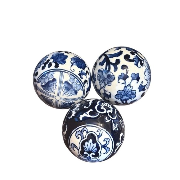 Decorative Blue & White Ceramic Balls With Floral Patterns 4" Diameter Set Of 3 - Picture 2 of 8